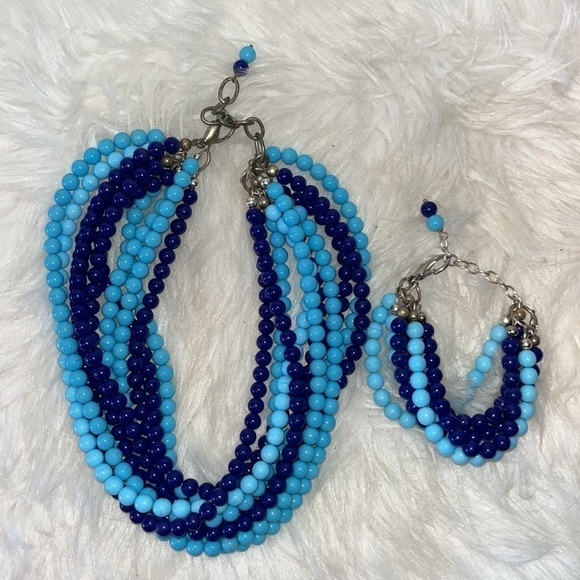 Beautiful blue glass bead chunky multi strand statement necklace/bracelet set - Picture 1 of 13